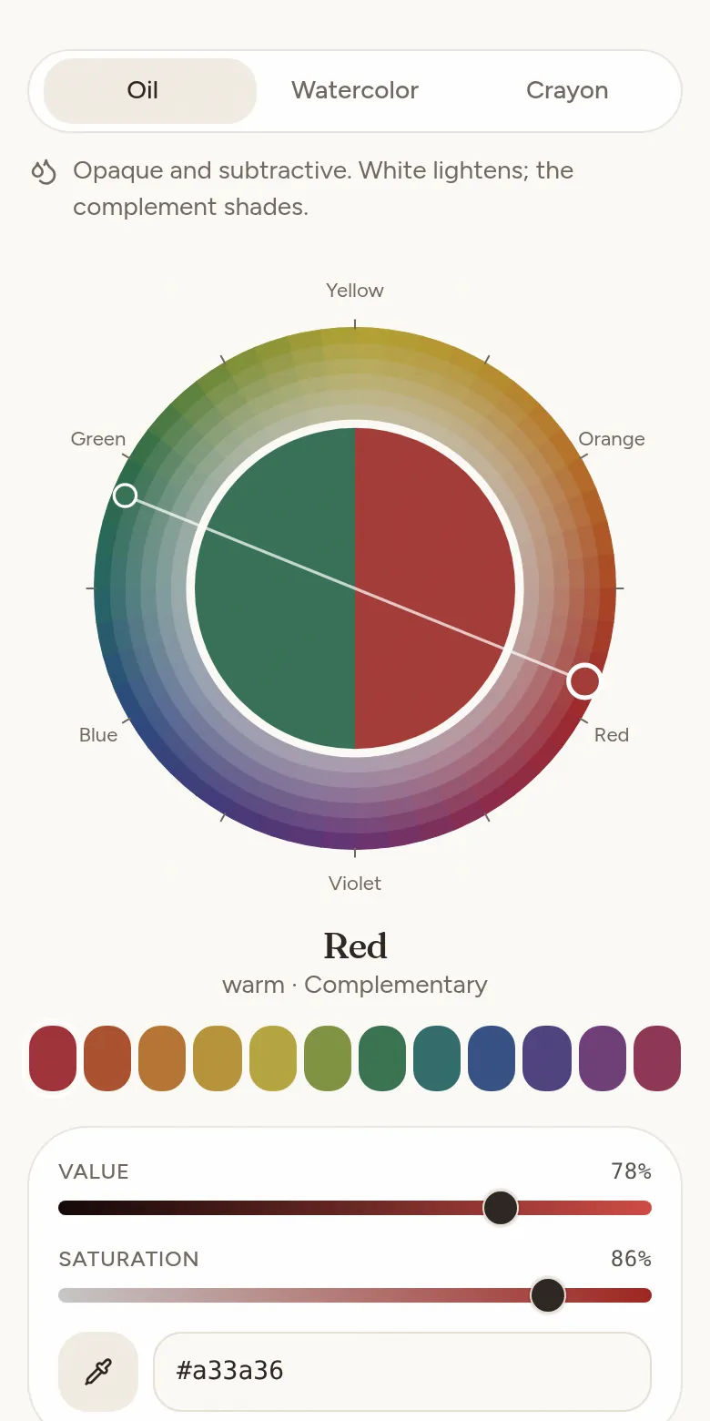 Preview of the chromatic circle studio: a painter's color wheel with red and its complement green