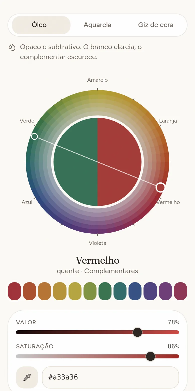 Prévia do estúdio do círculo cromático: um círculo de pintor com o vermelho e seu complementar, o verde